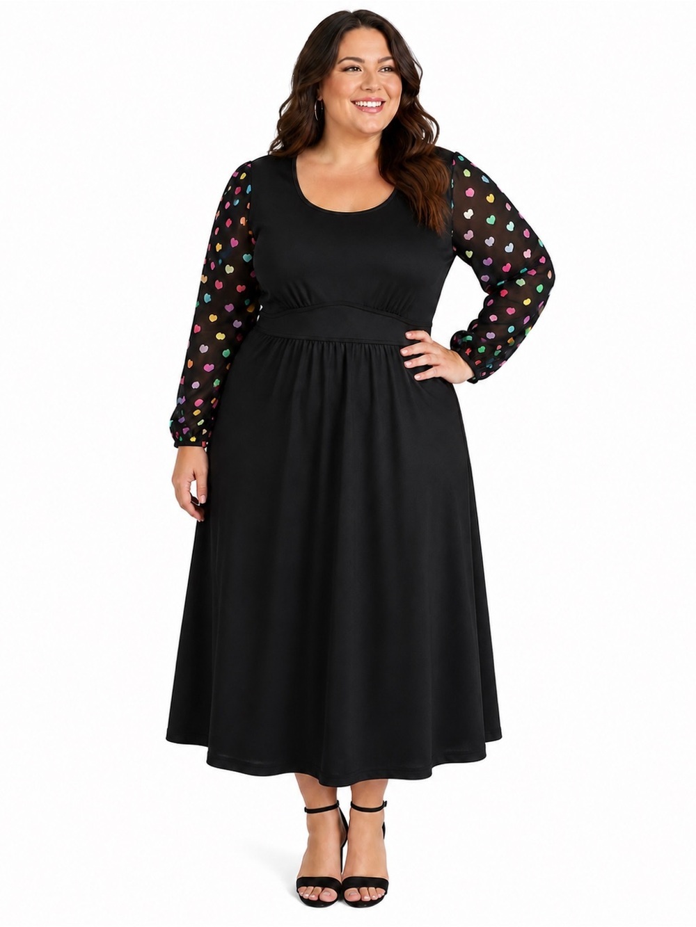 BloomChic Black Midi Dress with Multicolor Heart Print Sleeves